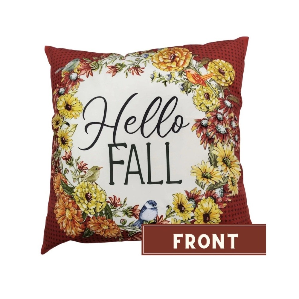 Farmhouse Cottagecore Hello Fall Accent Pillow 18x18 Red Floral Plaid Reversible